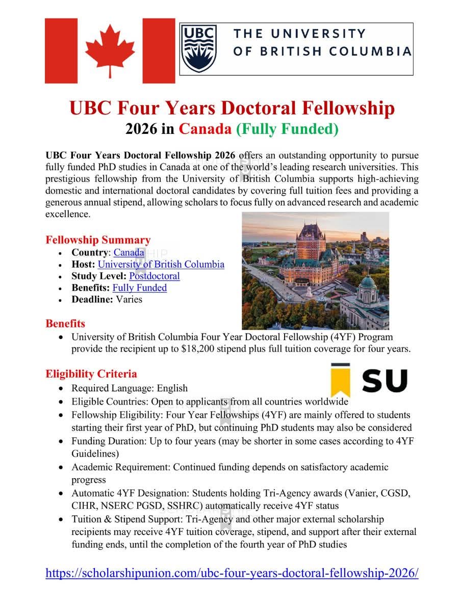 UBC Four Years Doctoral Fellowship 2026 in Canada