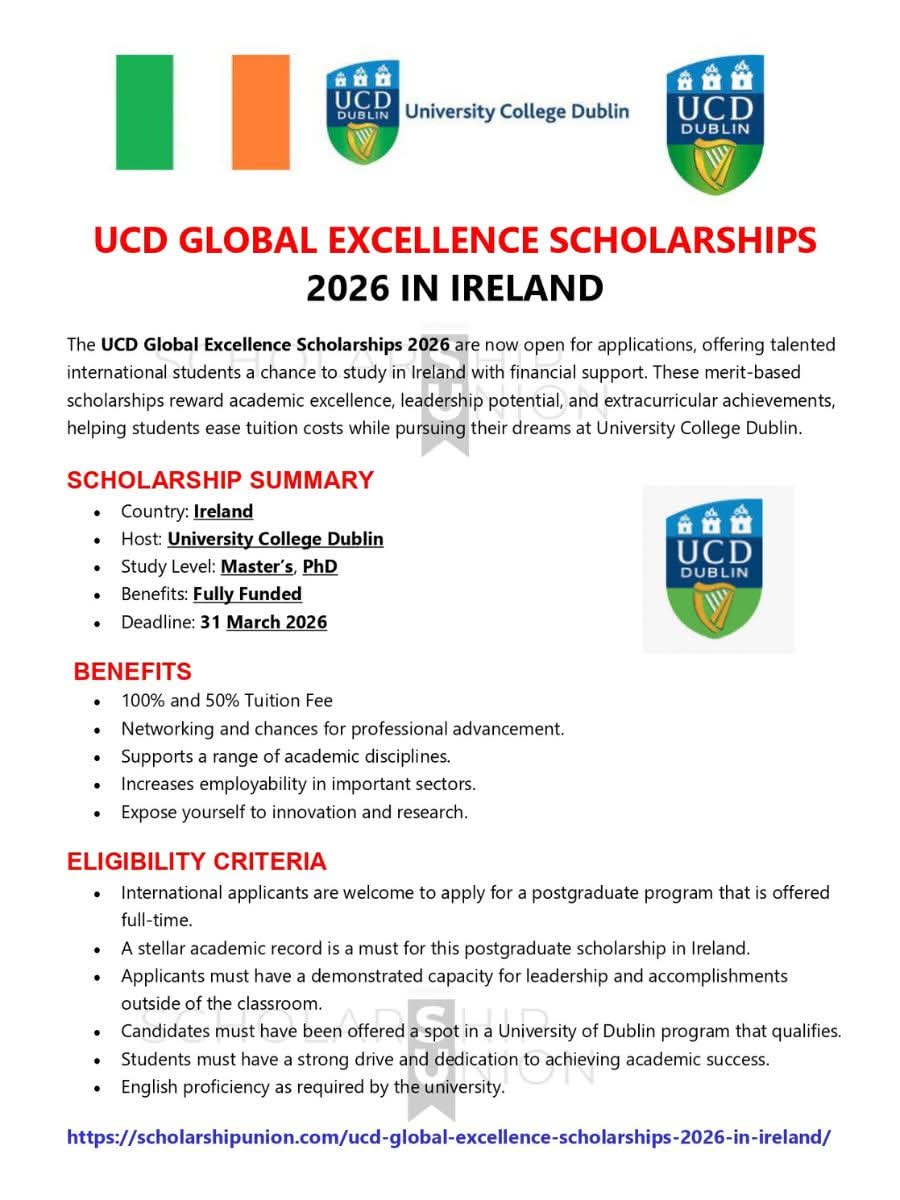 UCD Global Excellence Scholarships 2026 In Ireland