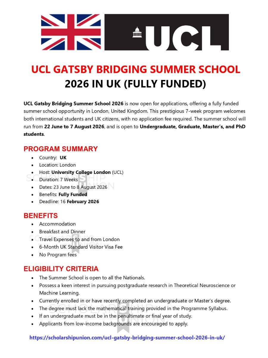 UCL Gatsby Bridging Summer School 2026 in UK