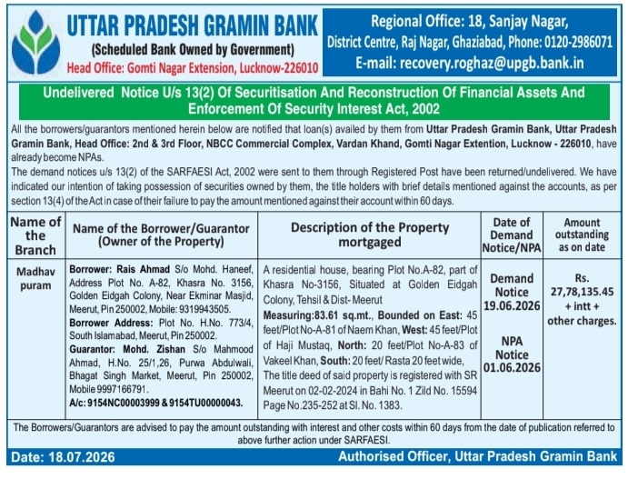 Undelivered Notice: Loan Default Recovery Work Uttar Pradesh Gramin Bank, Meerut