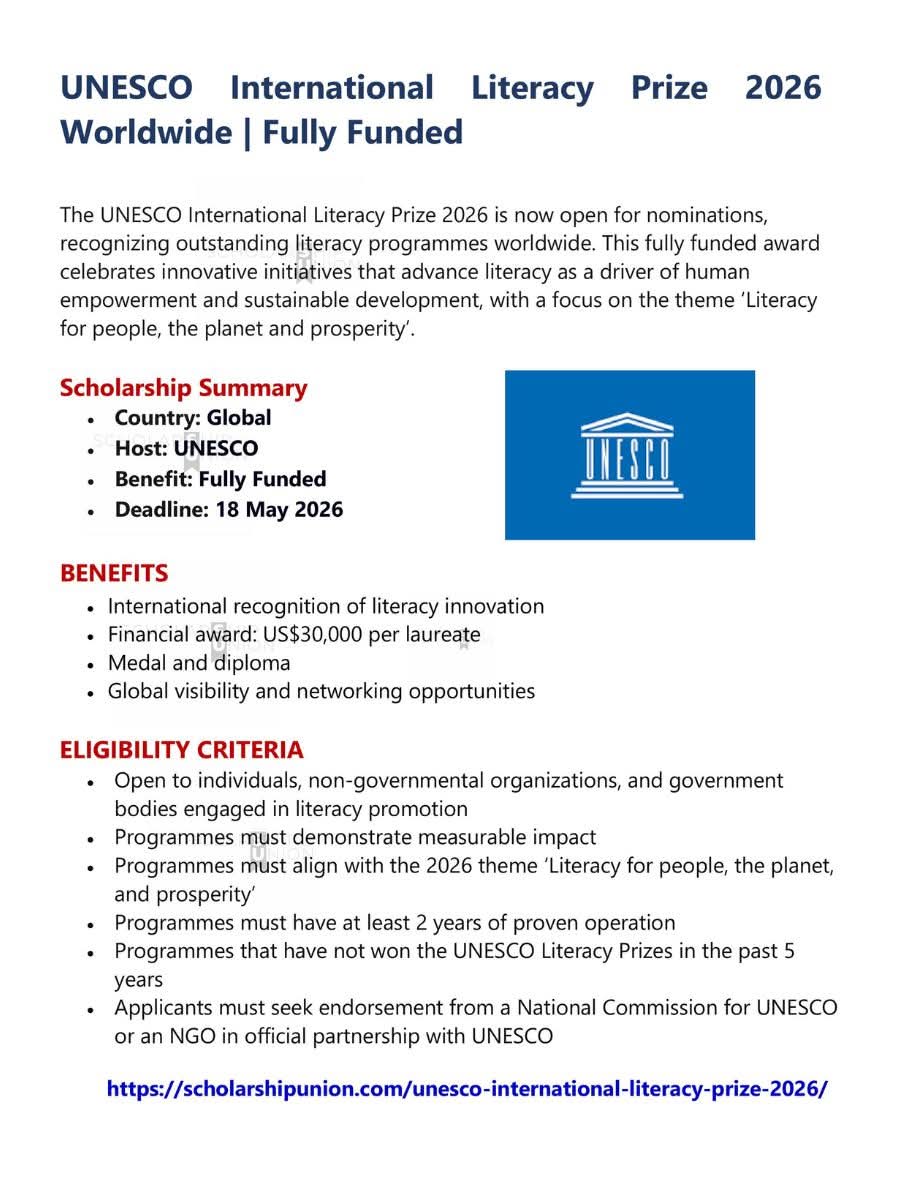 UNESCO International Literacy Prize 2026 Worldwide