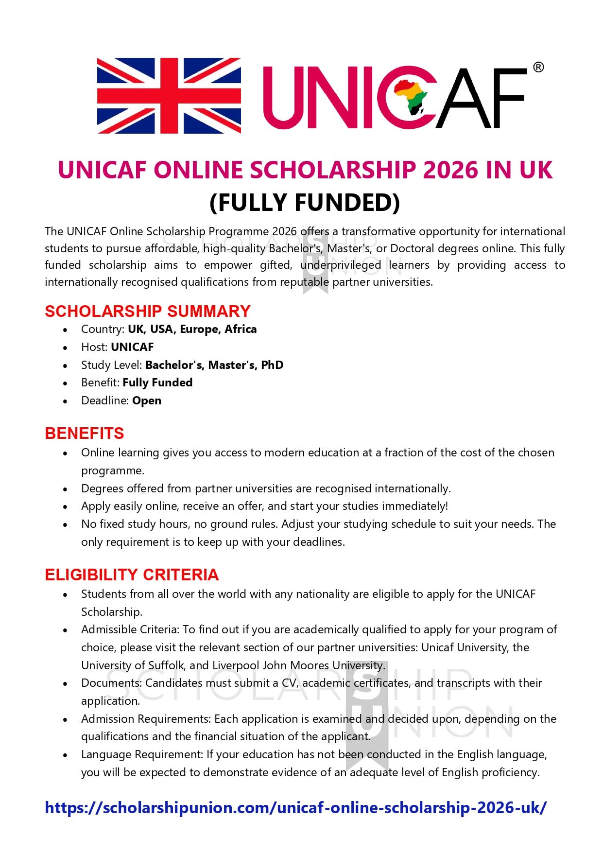 UNICAF Online Scholarship 2026 in UK
