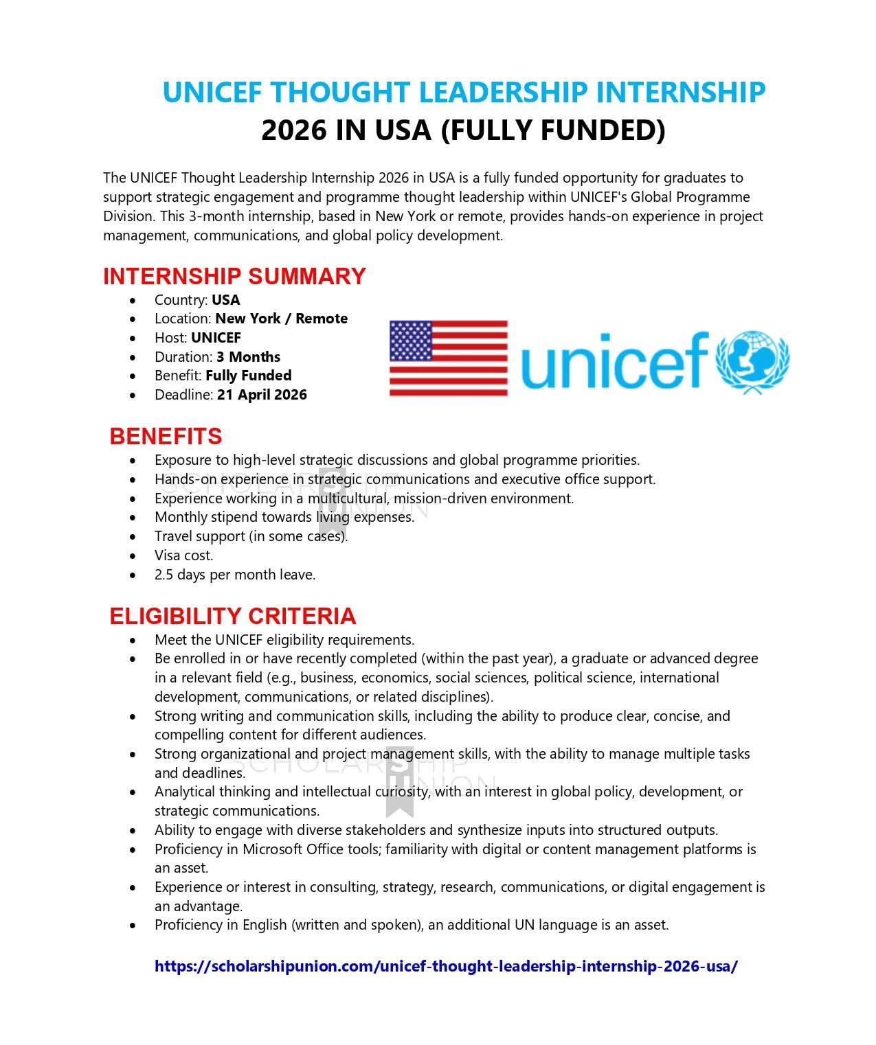 UNICEF Thought Leadership Internship 2026 in USA