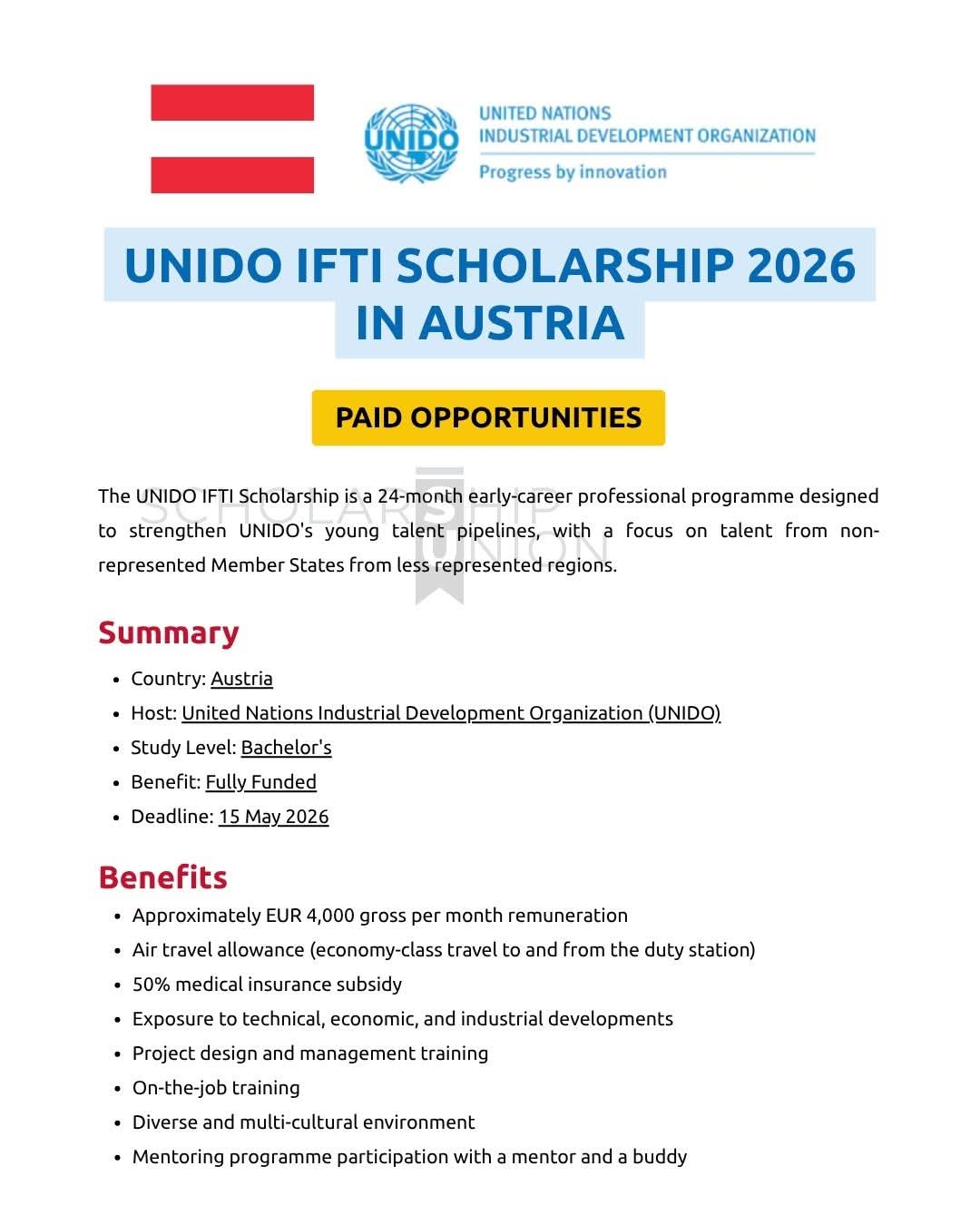 UNIDO IFTI Scholarship 2026 in Austria