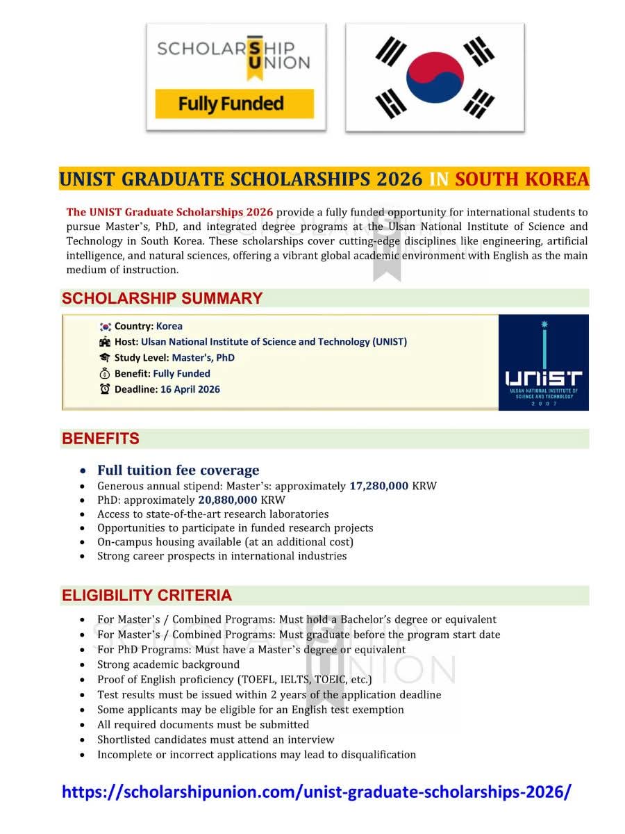 UNIST Graduate Scholarship 2026 in South Korea