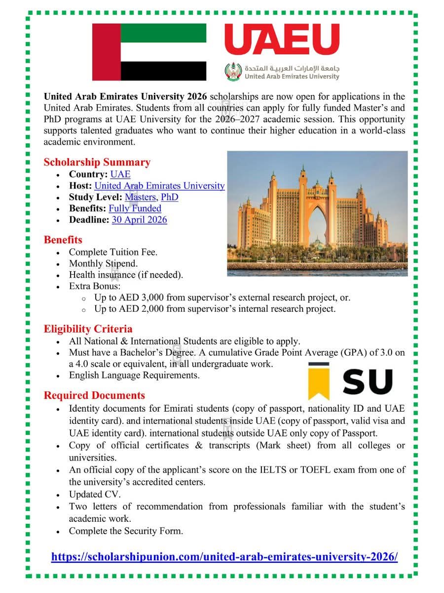 United Arab Emirates University Scholarship 2026 in UAE