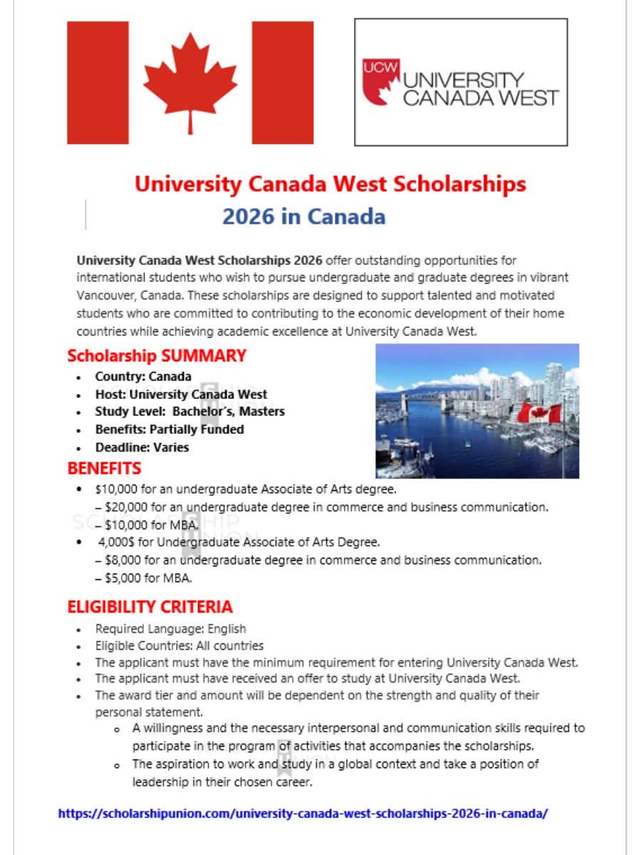 University Canada West Scholarships 2026 in Canada