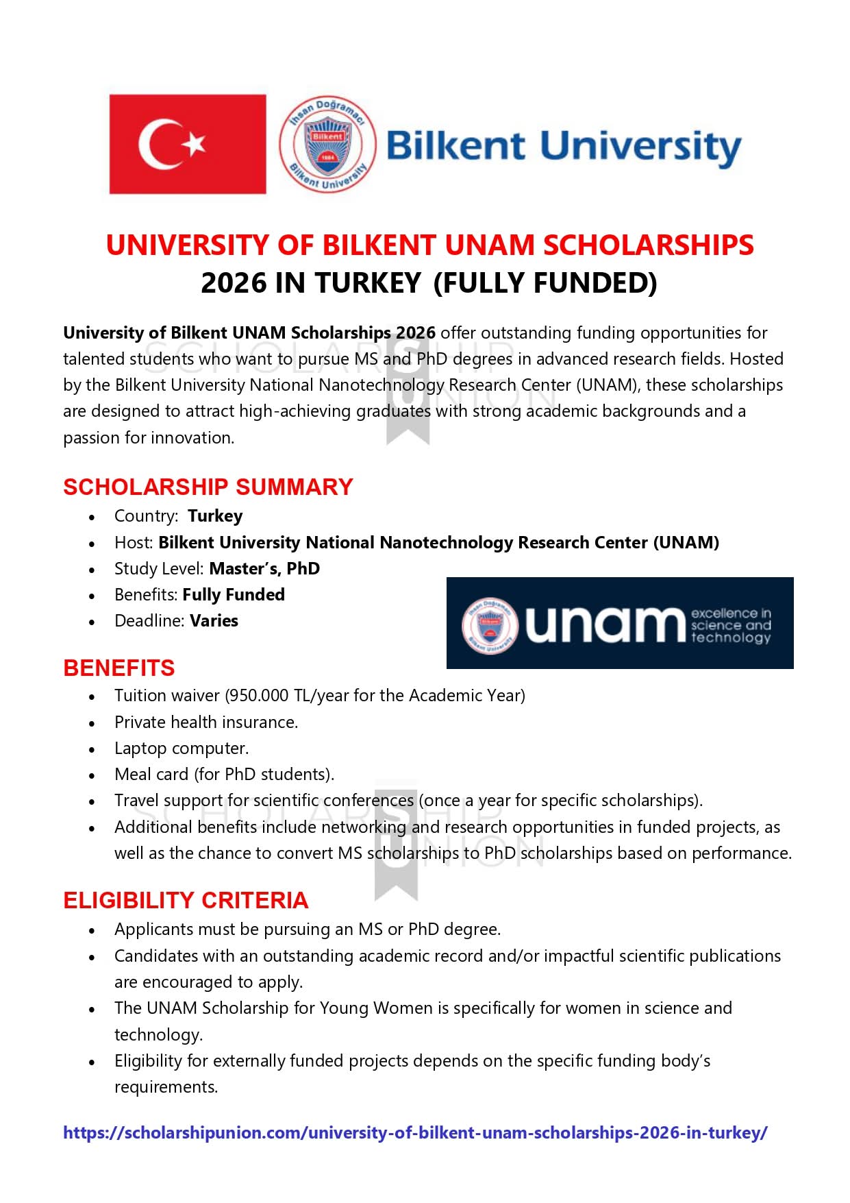 University of Bilkent UNAM Scholarships 2026 In Turkey