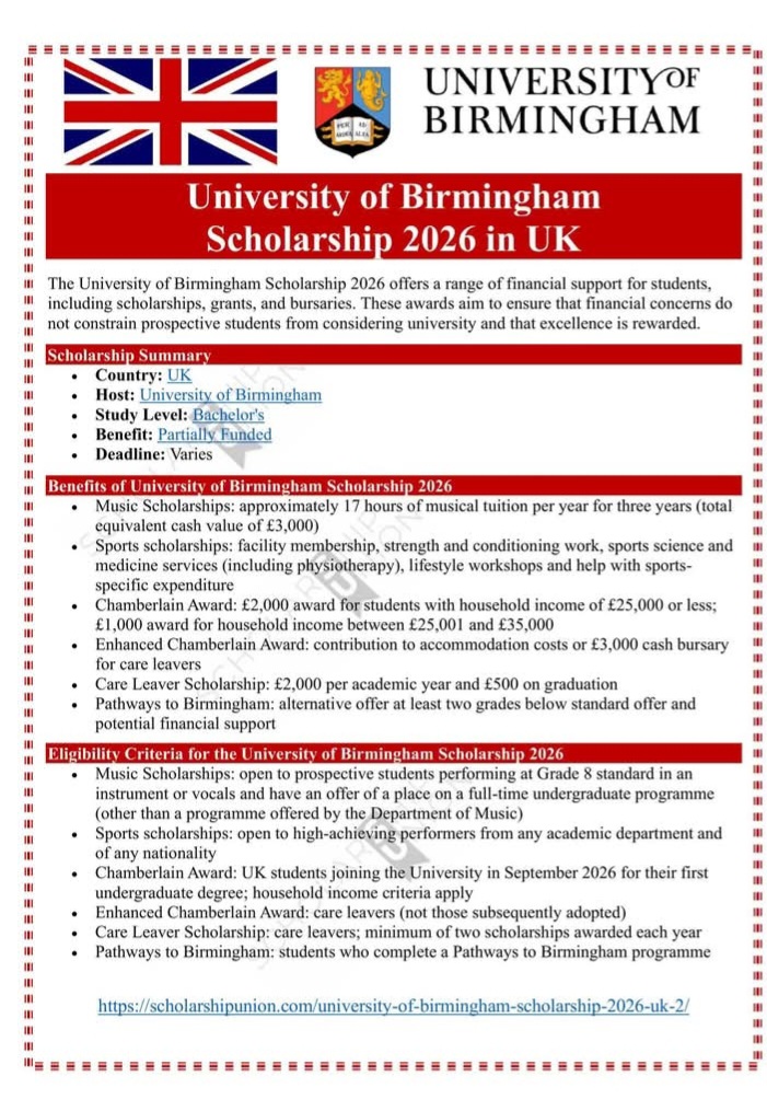University of Birmingham Scholarships 2026 in UK