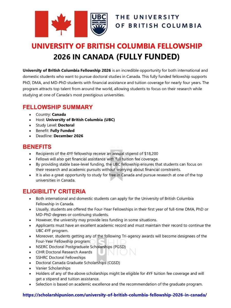 University of British Columbia Fellowship 2026 in Canada
