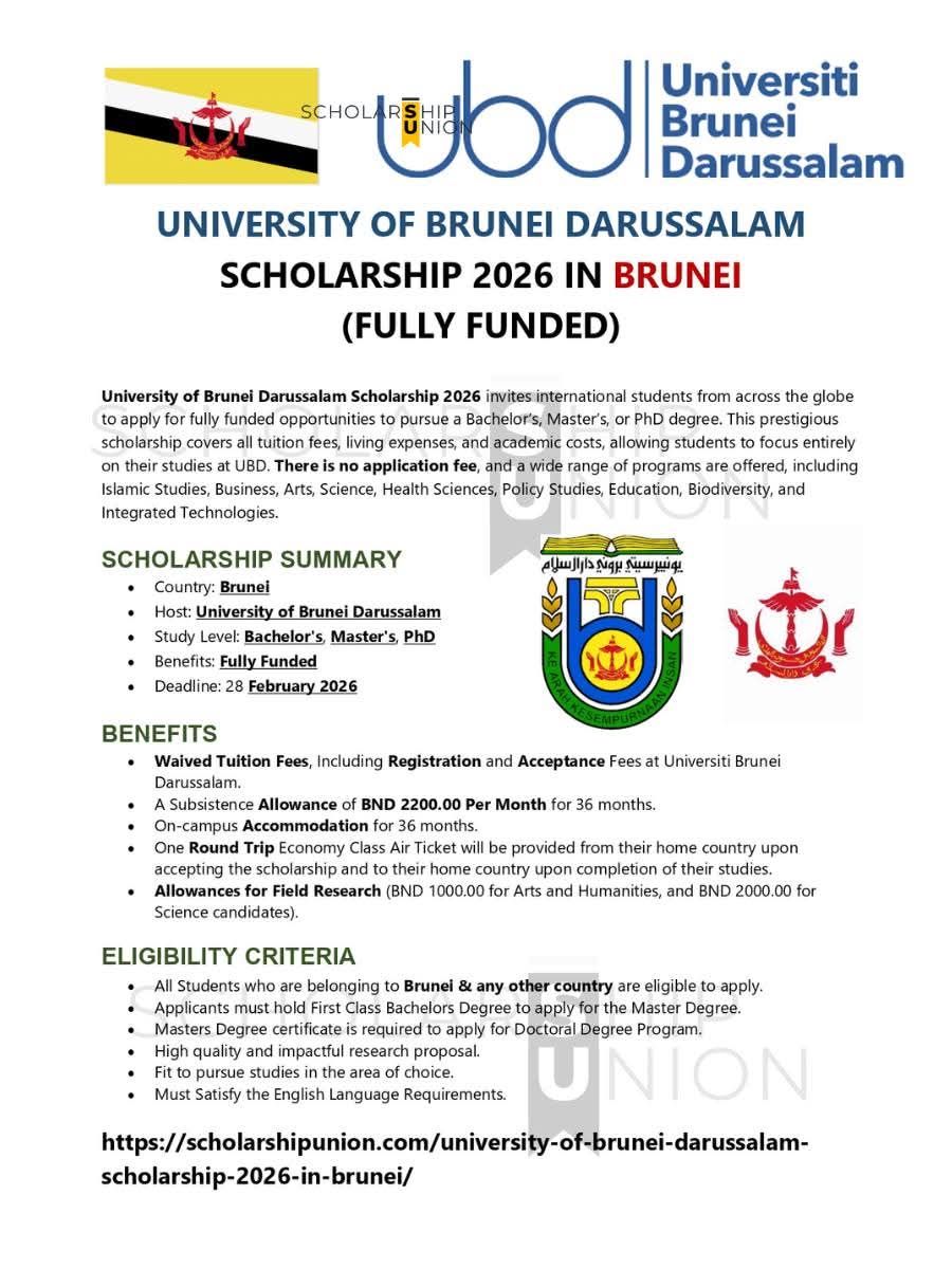 UNIVERSITY OF BRUNEI DARUSSALAM SCHOLARSHIP 2026 IN BRUNEI  (FULLY FUNDED)