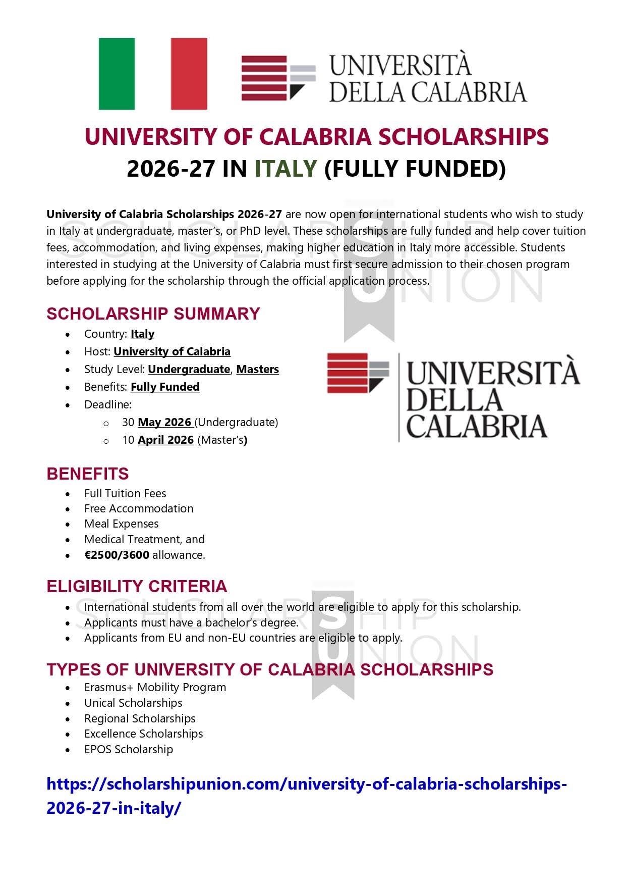 University of Calabria Scholarships 2026 - 27 In Italy