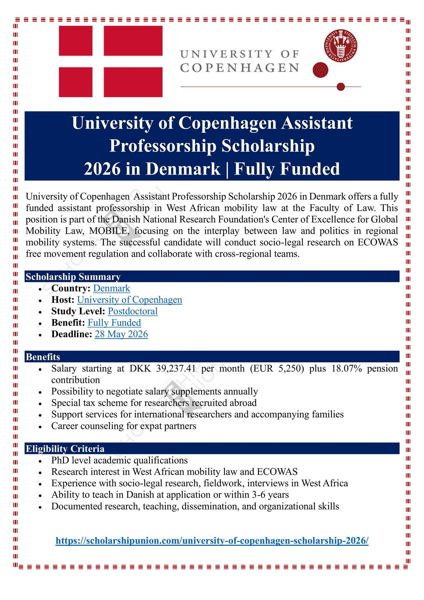 University of Copenhagen Assistant Professorship Scholarship 2026 in Denmark