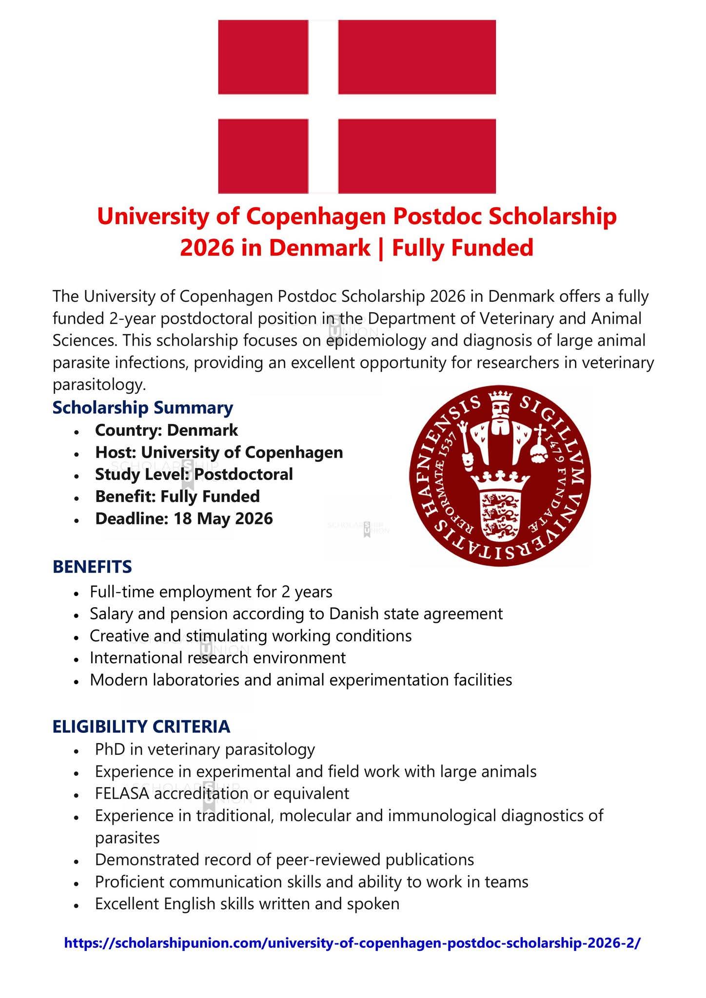 University of Copenhagen Postdoc Scholarship 2026 in Denmark
