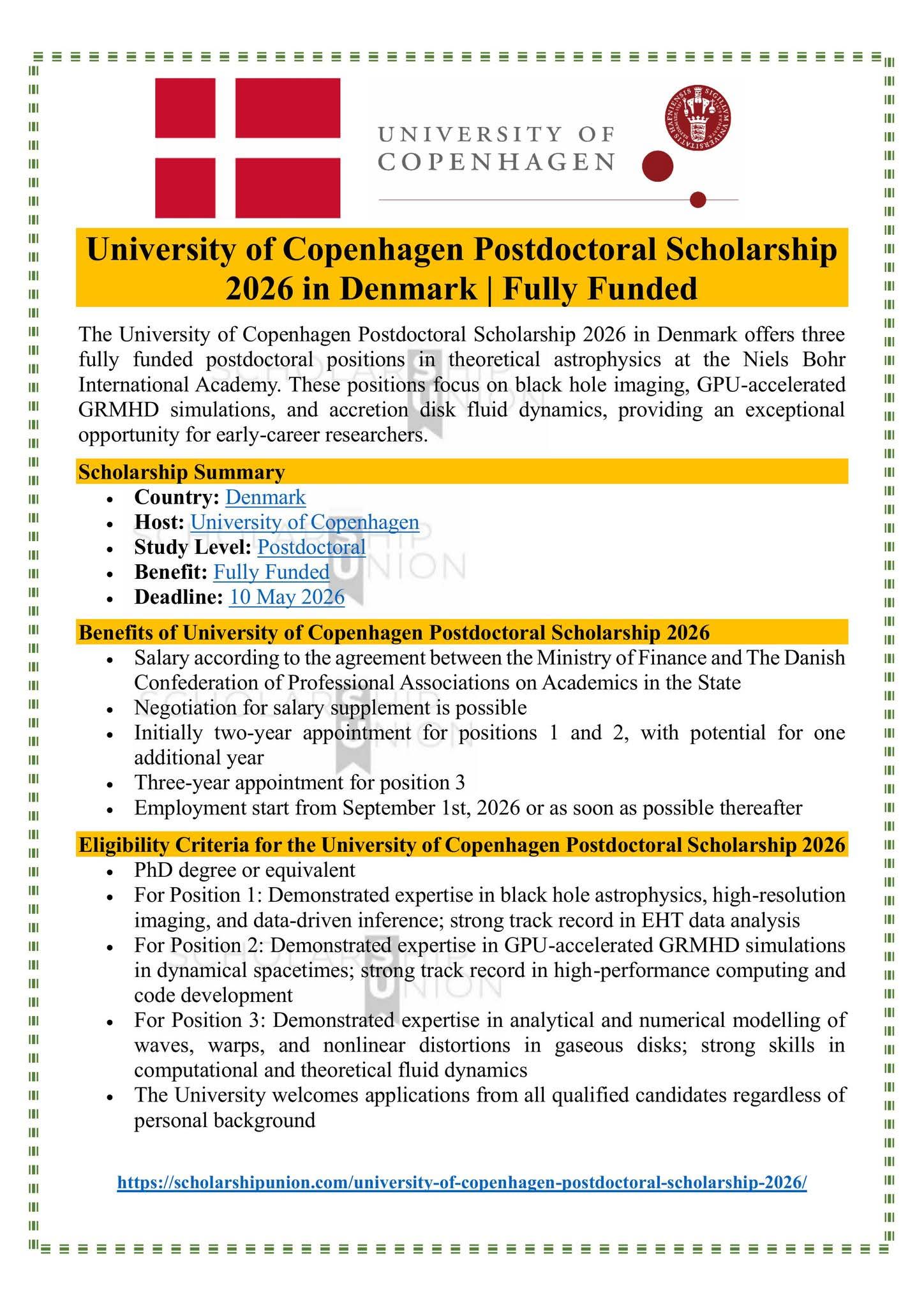 University of Copenhagen Postdoctoral Scholarship 2026 in Denmark