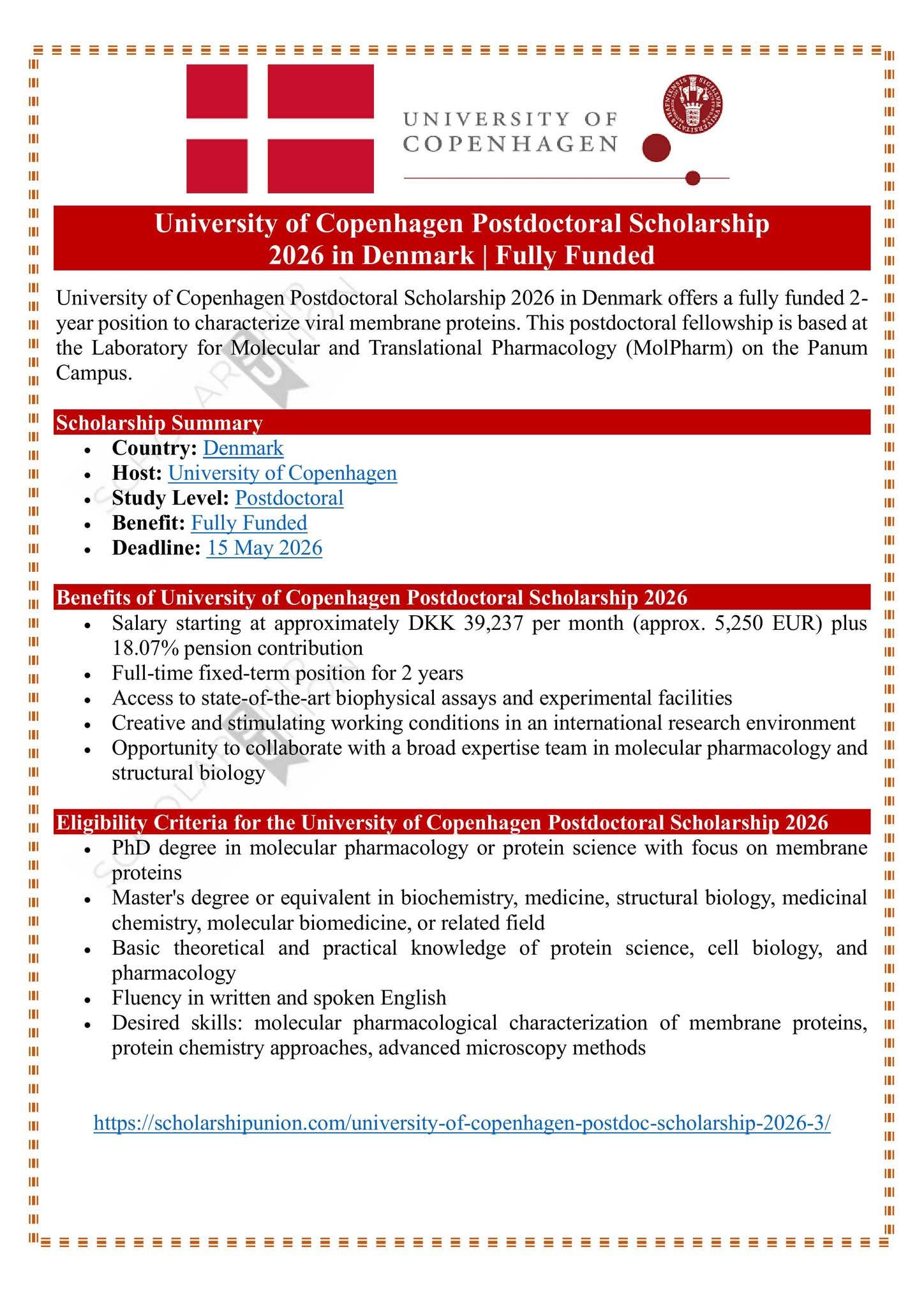 University of Copenhagen Postdoctoral Scholarship 2026 in Denmark