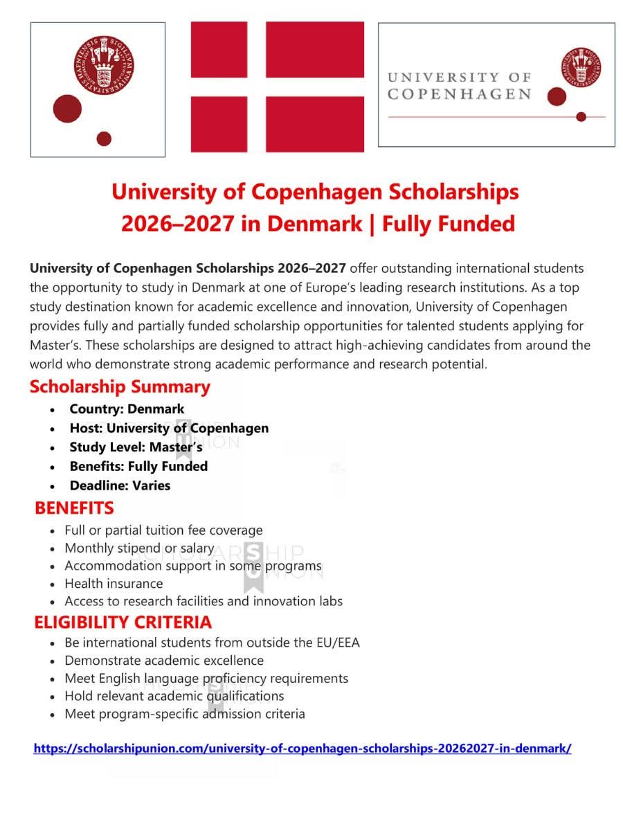 University of Copenhagen Scholarships 2026 - 27 in Denmark