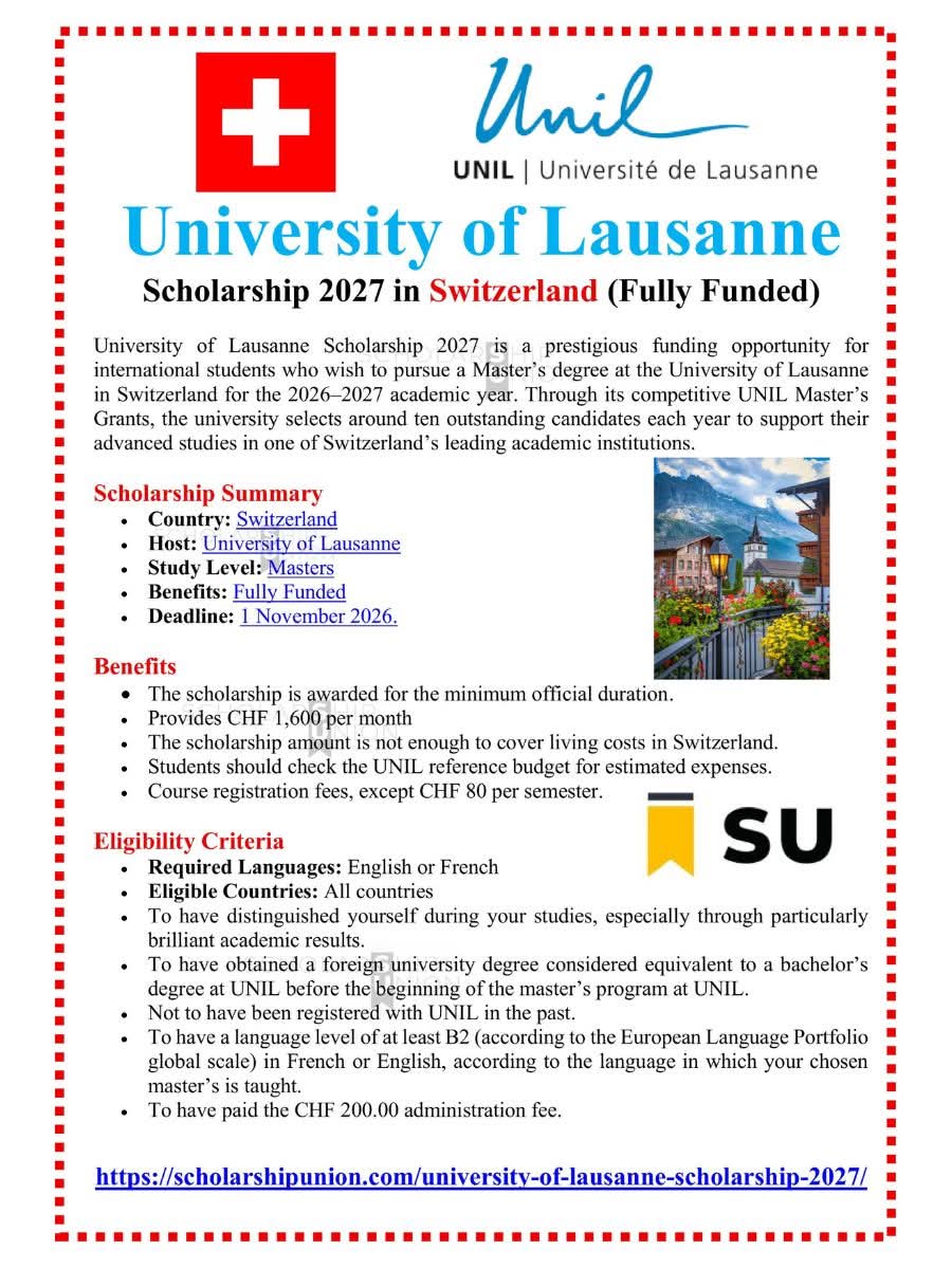 University of Lausanne Scholarship 2026–2027 in Switzerland