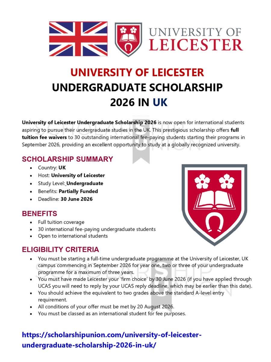 University of Leicester Undergraduate Scholarship 2026 In UK