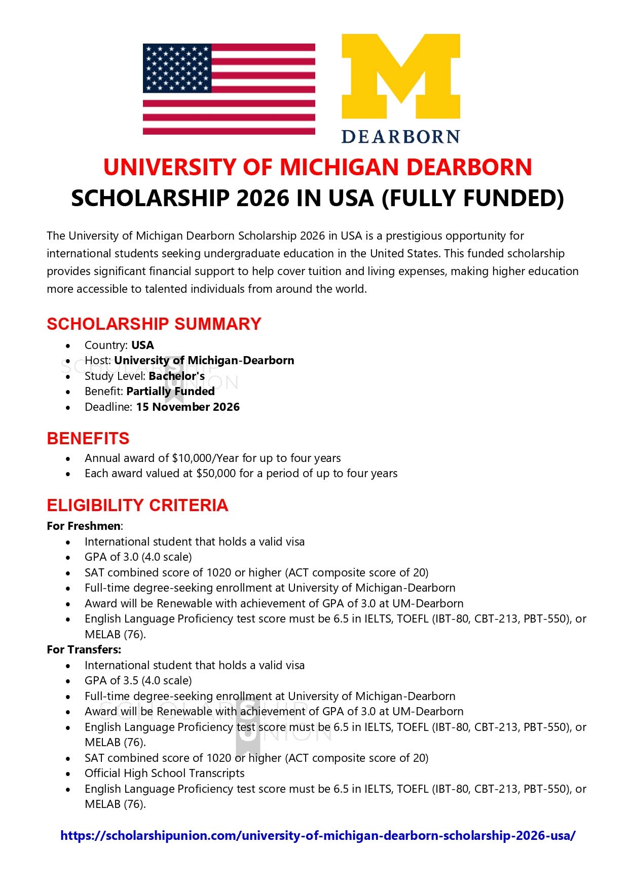 University of Michigan Dearborn  Scholarship 2026 in USA