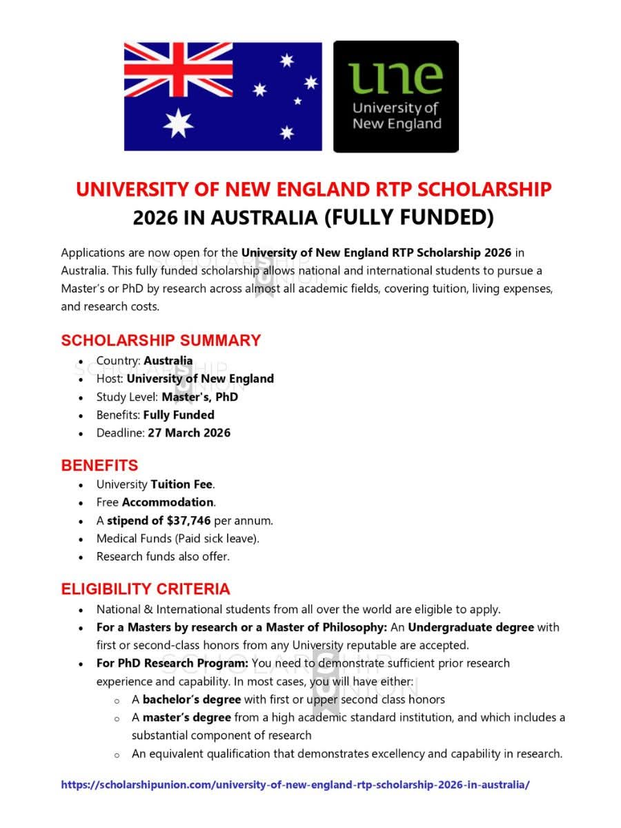 University of New England RTP Scholarship 2026 In Australia