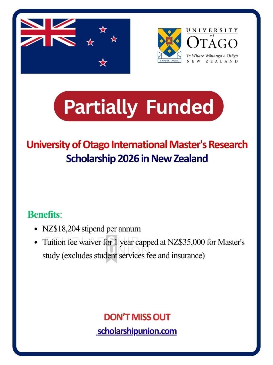 University of Otago International Master’s Research Scholarship 2026 in New Zealand