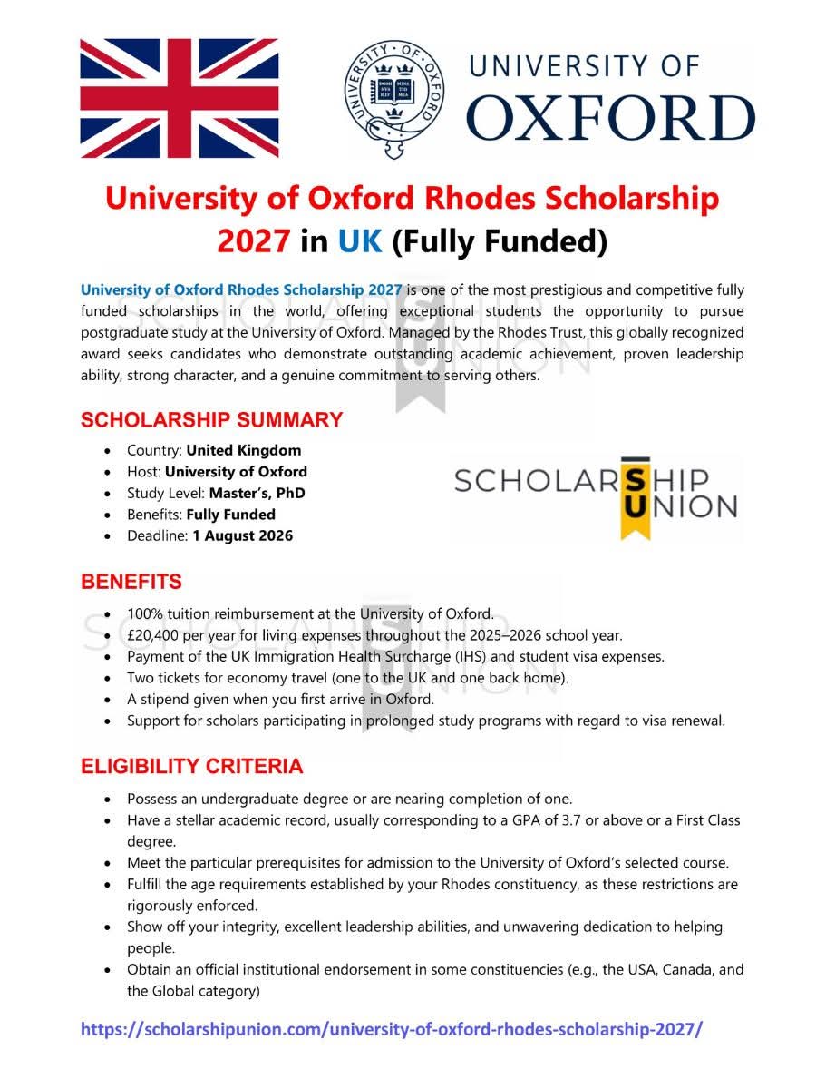 University Of Oxford Rhodes Scholarship 2027 in UK