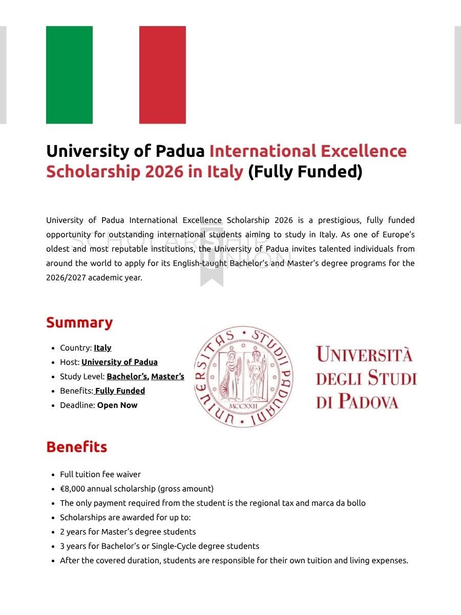 University of Padua International Excellence Scholarship 2026 in Italy