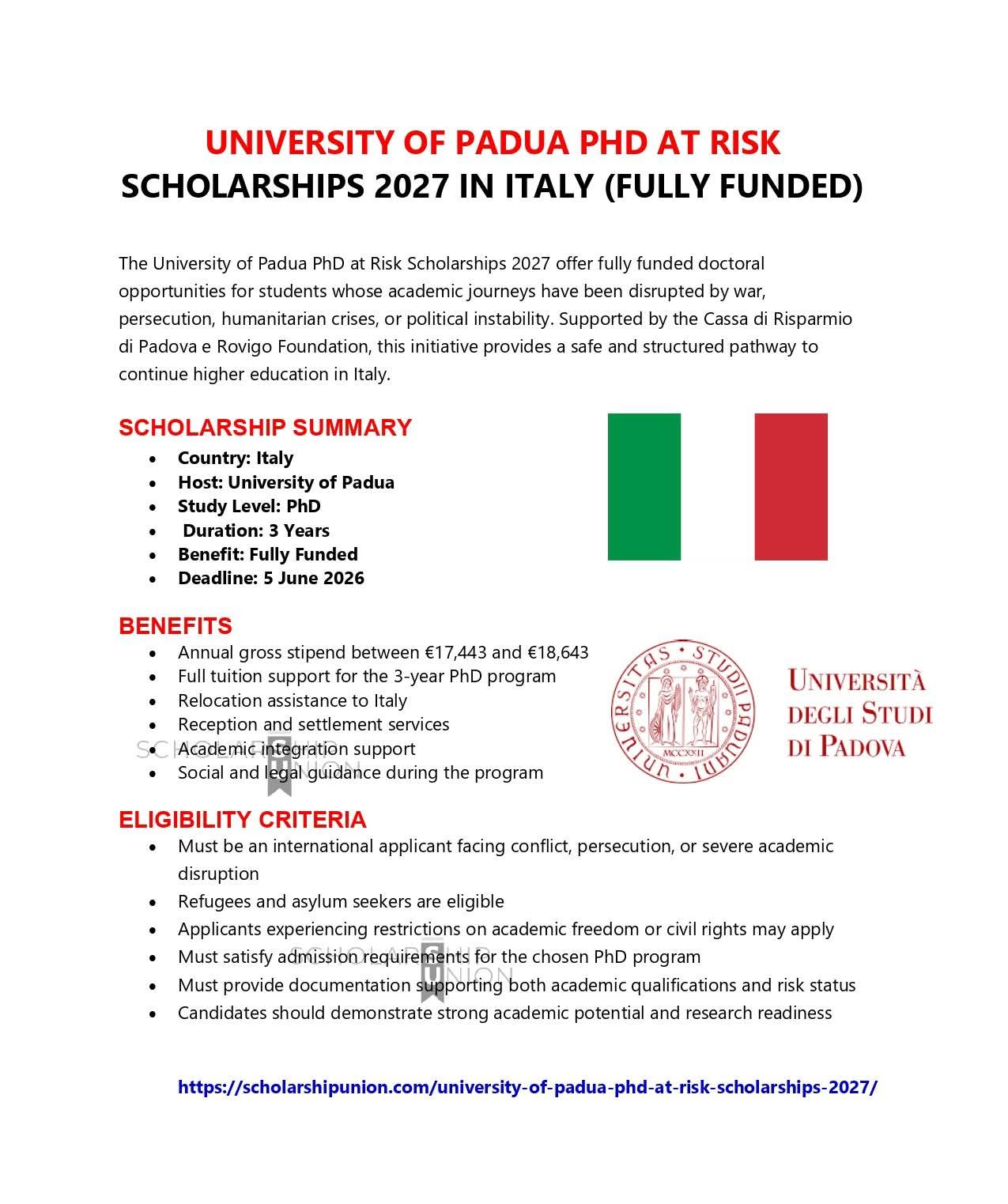 University of Padua PhD at Risk Scholarships 2027 in Italy