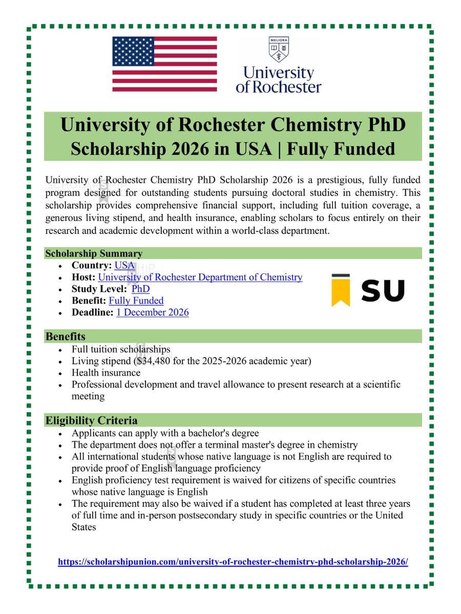 University of Rochester Chemistry PhD Scholarship 2026 in USA