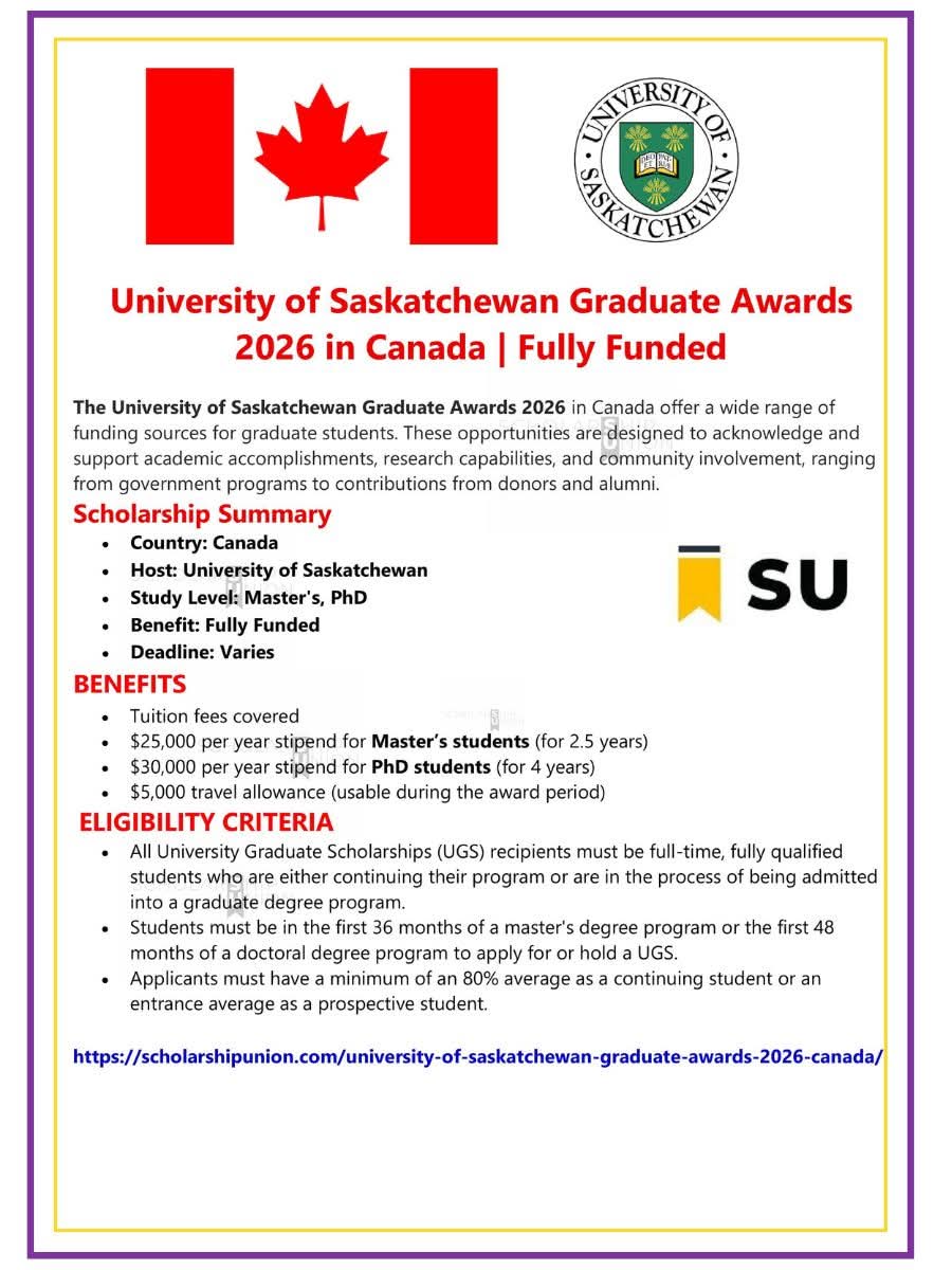 University of Saskatchewan Graduate Awards 2026  in Canada
