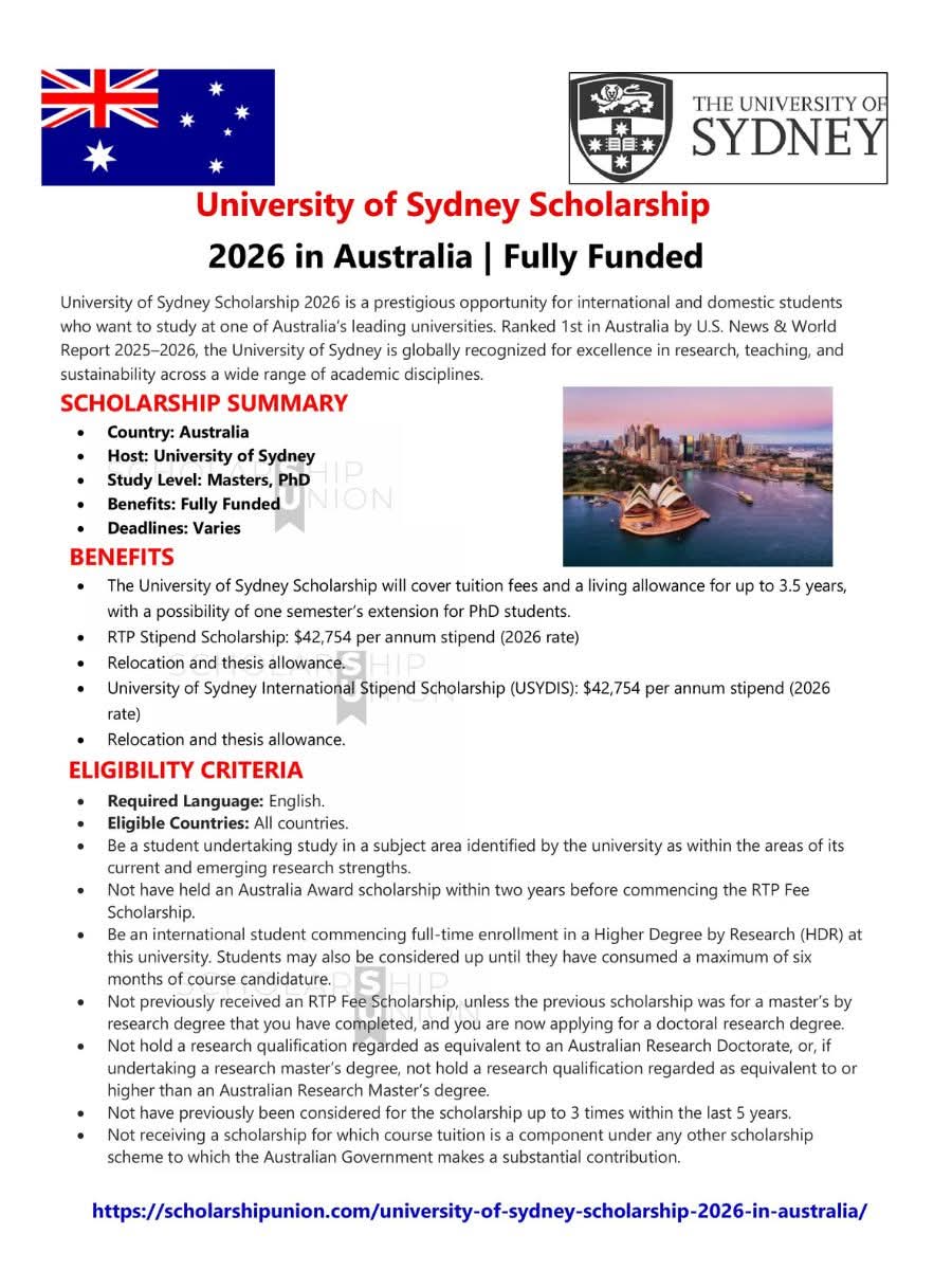 University of Sydney Scholarship 2026 in Australia