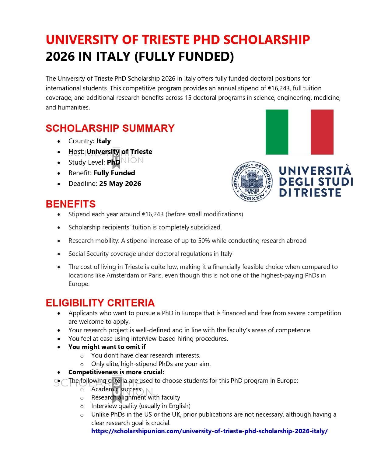 University of Trieste PhD Scholarship 2026 in Italy