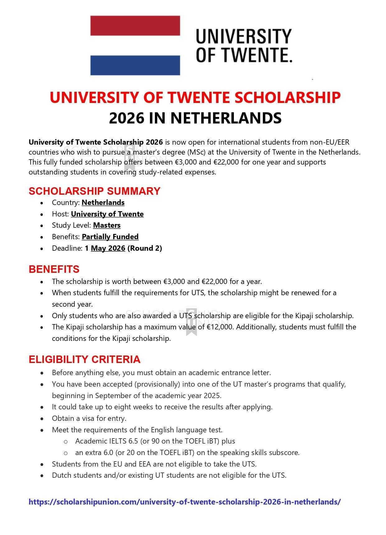 University of Twente Scholarship 2026 in Netherlands