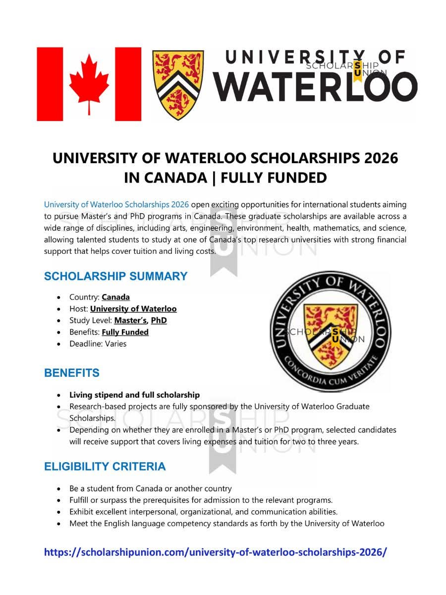 University of Waterloo Scholarships 2026 in Canada