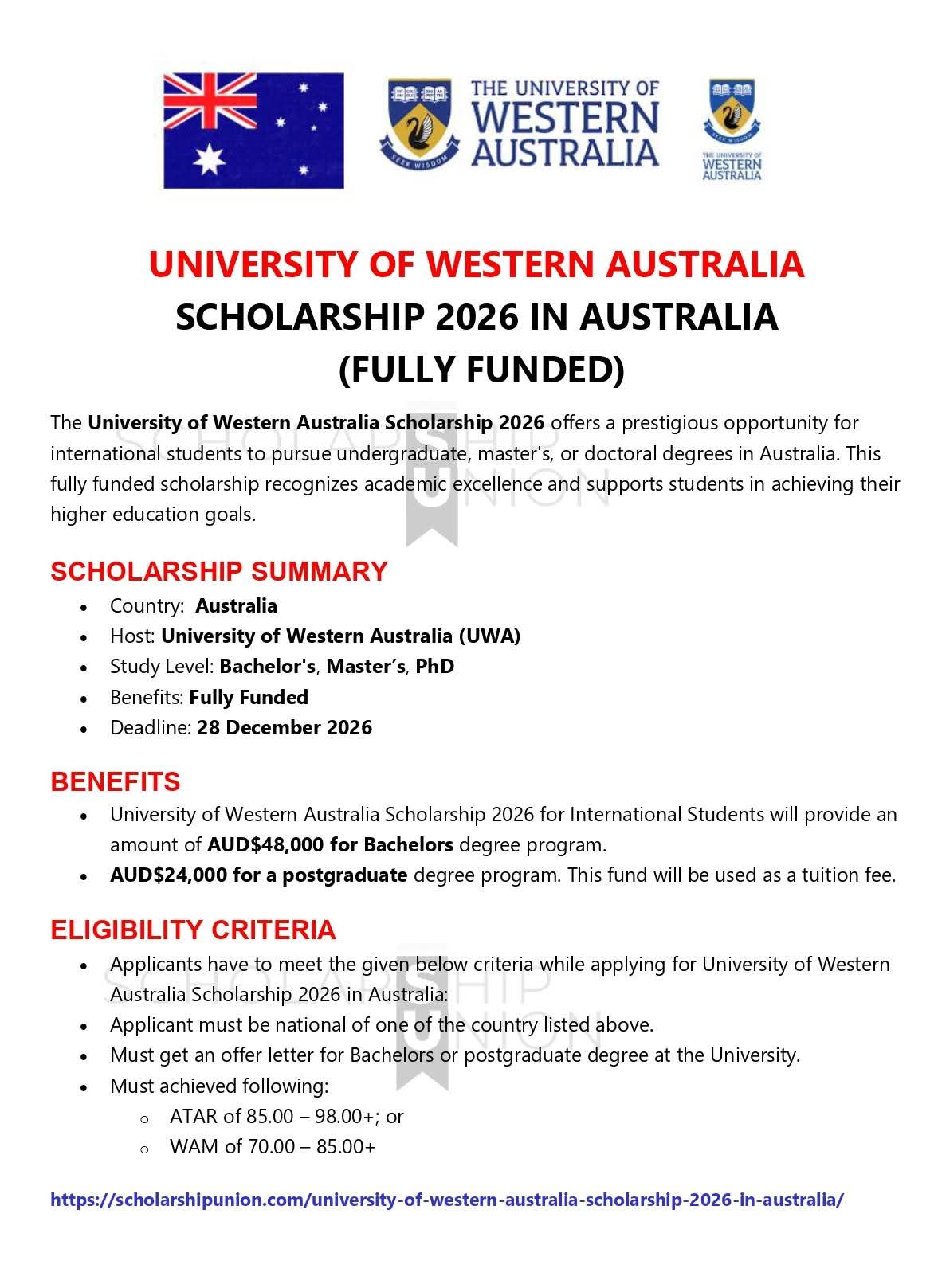 University of Western Australia Scholarship 2026 In Australia