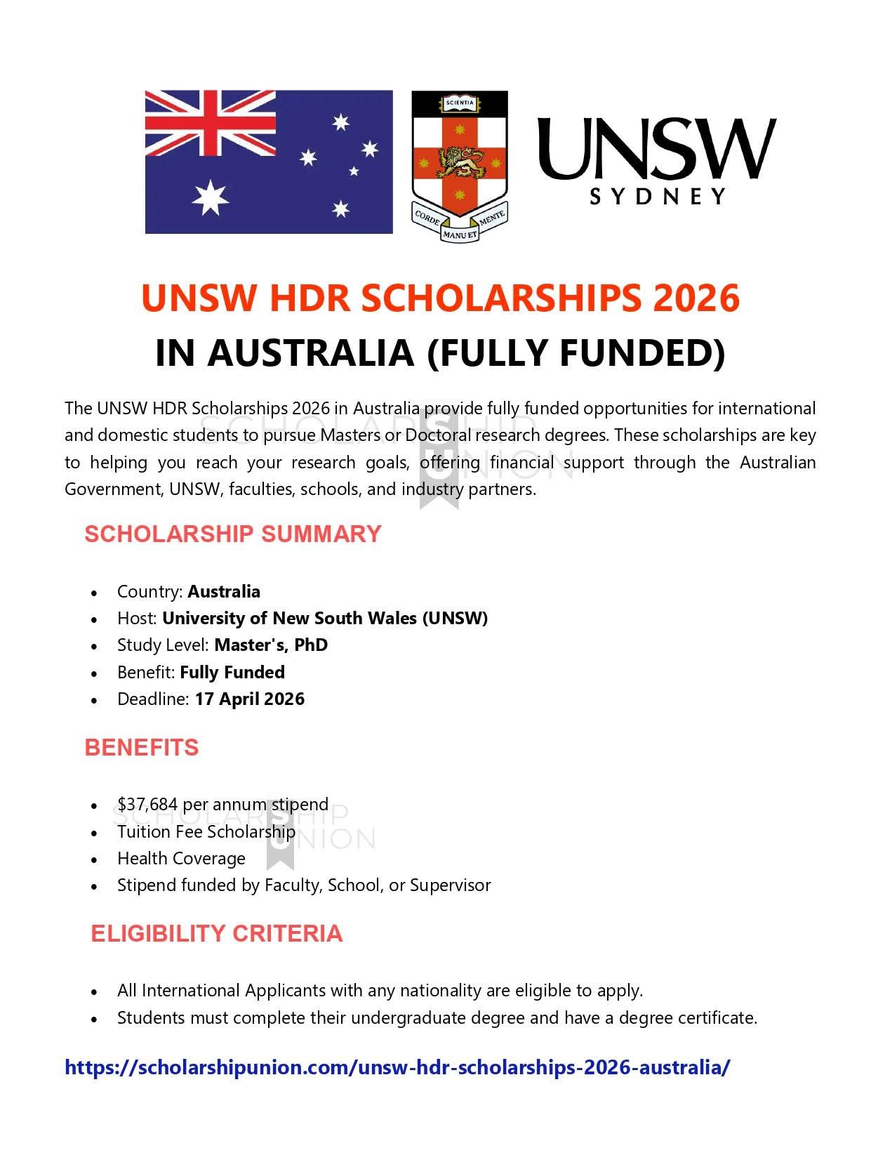 UNSW HDR Scholarships 2026 in Australia