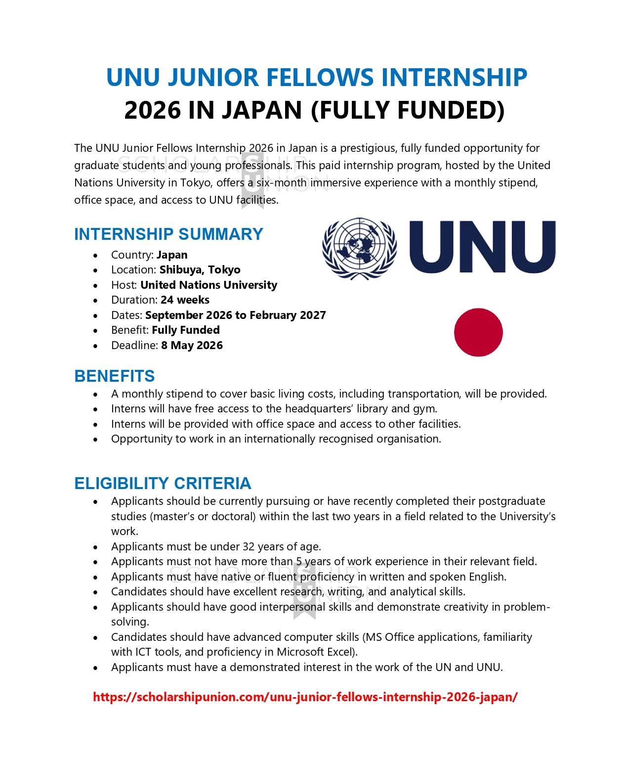 UNU Junior Fellows Internship 2026 in Japan