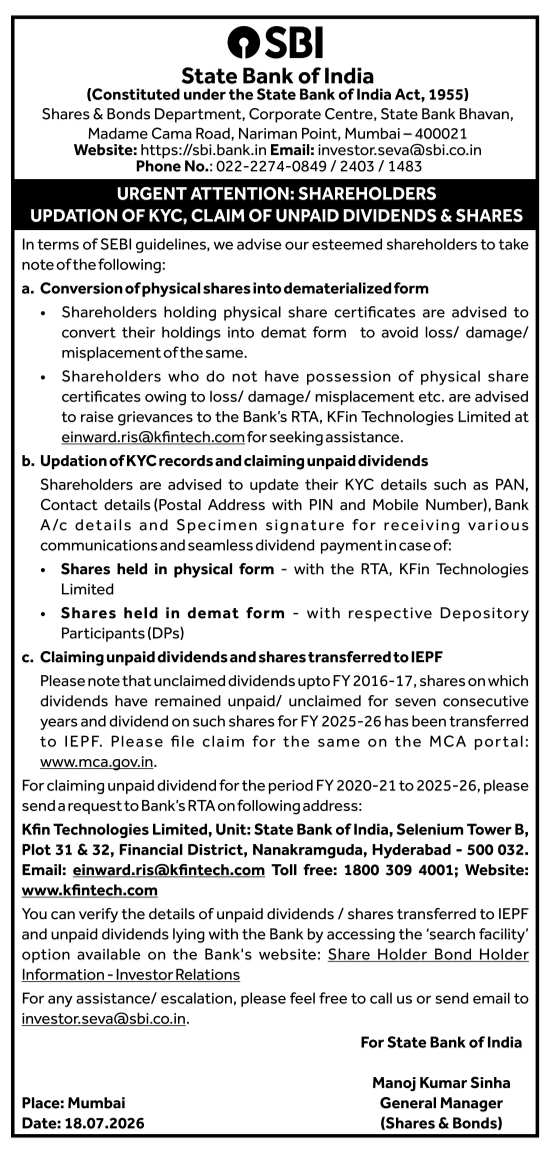 Urgent Attention Shareholders: KYC Updation Work State Bank of India, Mumbai