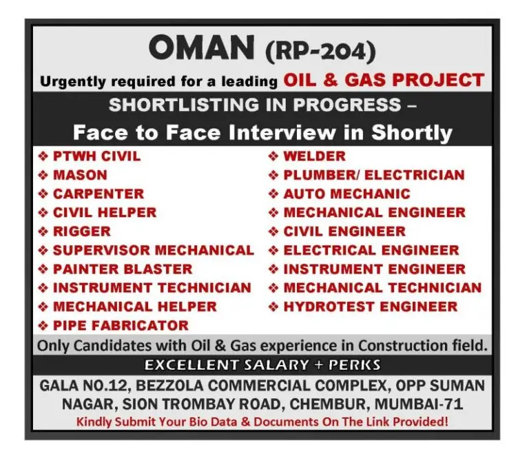 URGENT HIRING FOR OIL & GAS PROJECT IN OMAN
