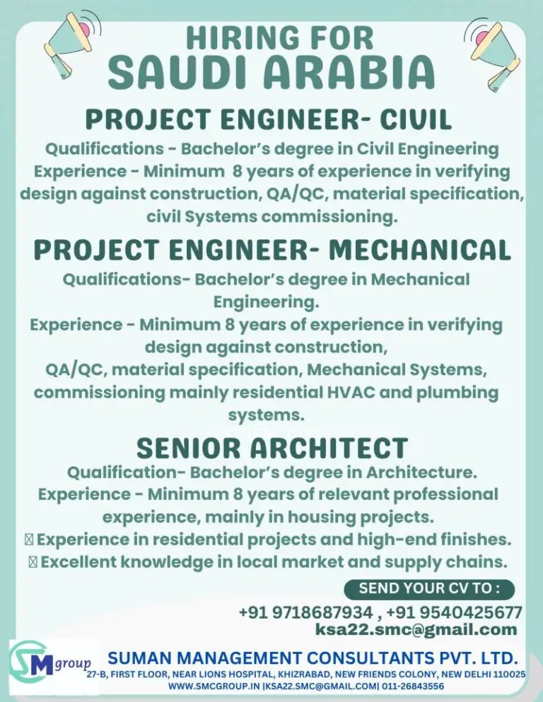 Urgent Hiring for Project Engineers & Senior Architect – Saudi Arabia