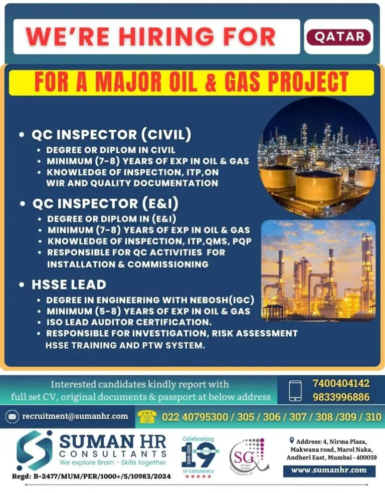 Urgent Hiring: Major Oil & Gas Project In Qatar