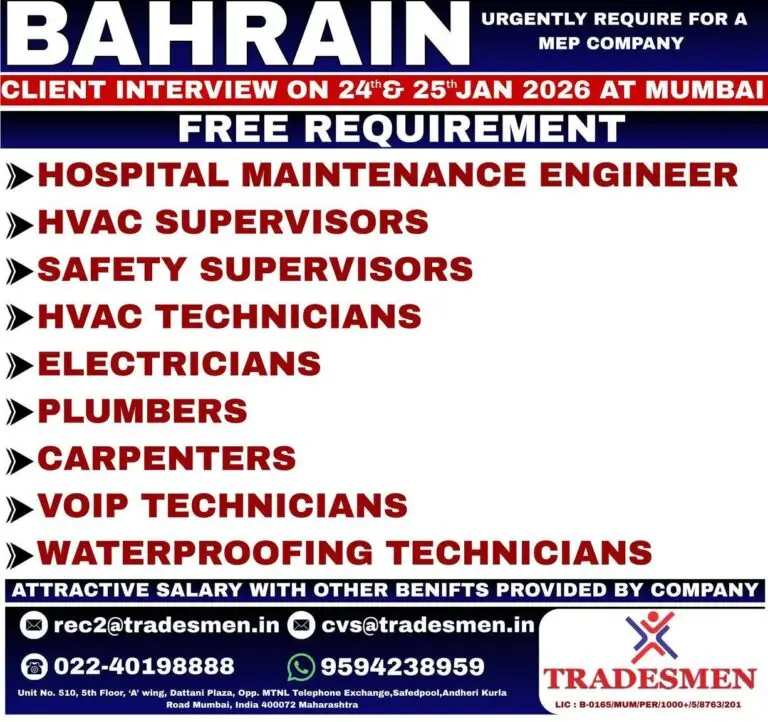 URGENT HIRING: MEP PROFESSIONALS (MULTIPLE ROLES) – BAHRAIN