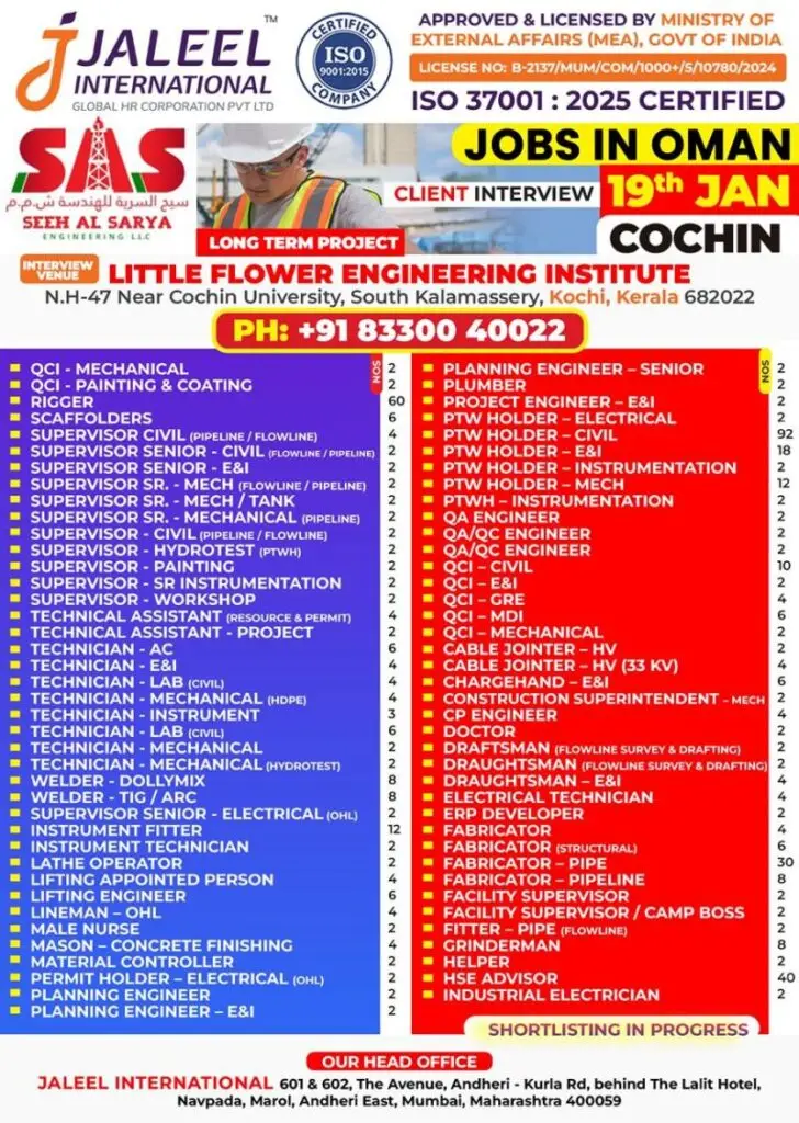 URGENT HIRING: SEEH AL SARYA ENGINEERING LLC – OMAN