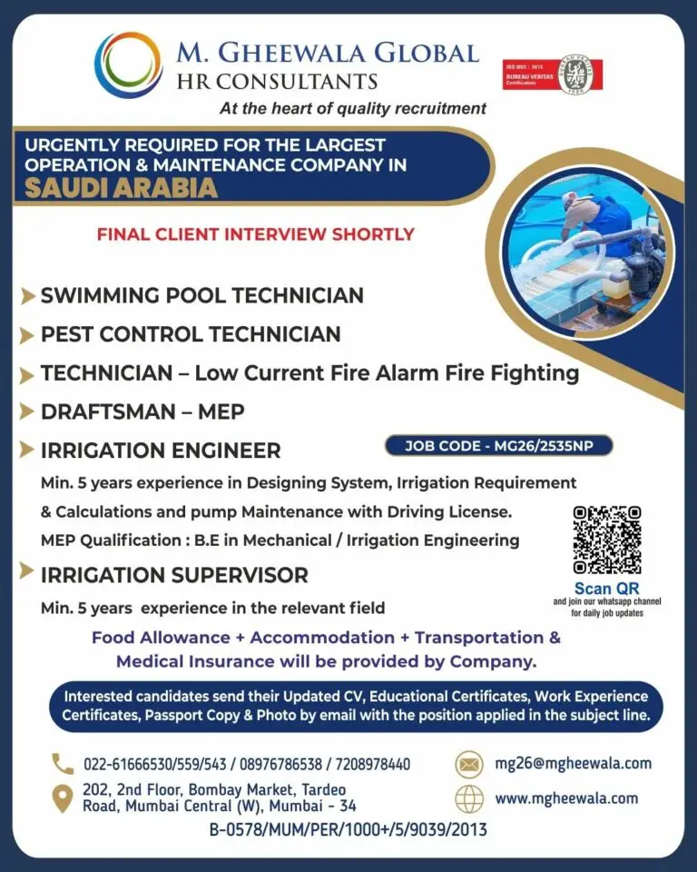 Urgent Hiring: Senior Maintenance Roles – Largest O&M Company in Saudi Arabia