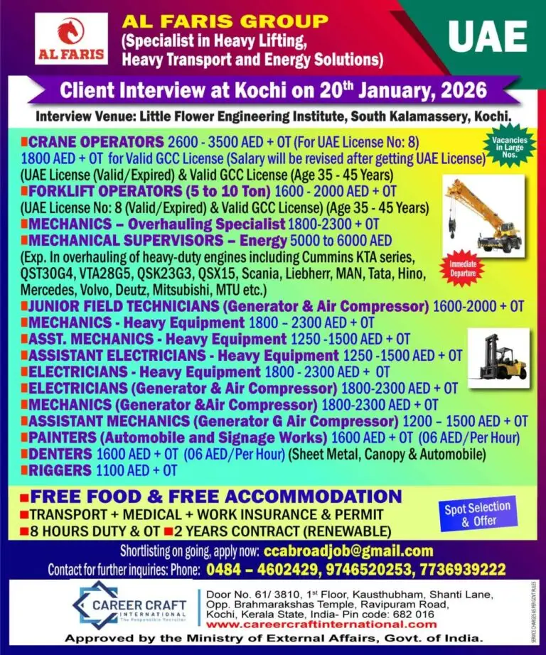 URGENT JOB VACANCIES IN UAE – AL FARIS GROUP (HEAVY LIFTING & TRANSPORT)