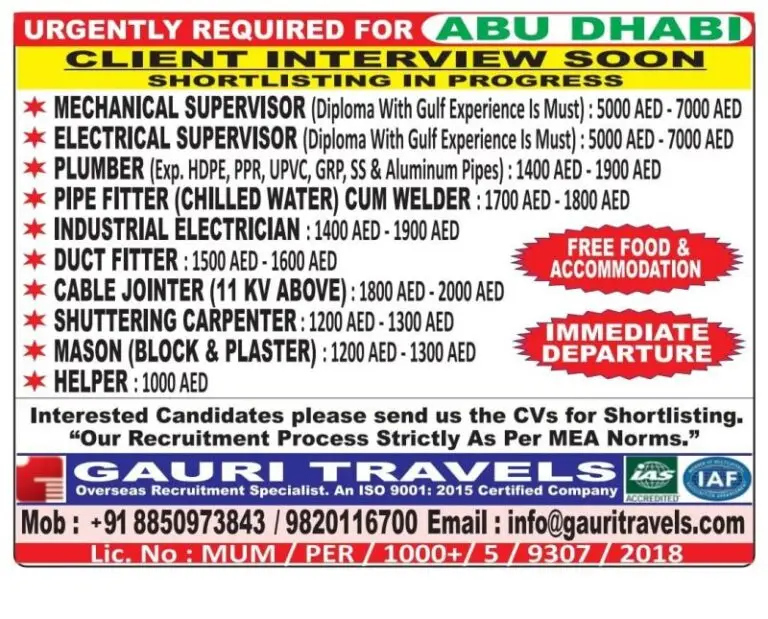 URGENT JOBS IN ABU DHABI
