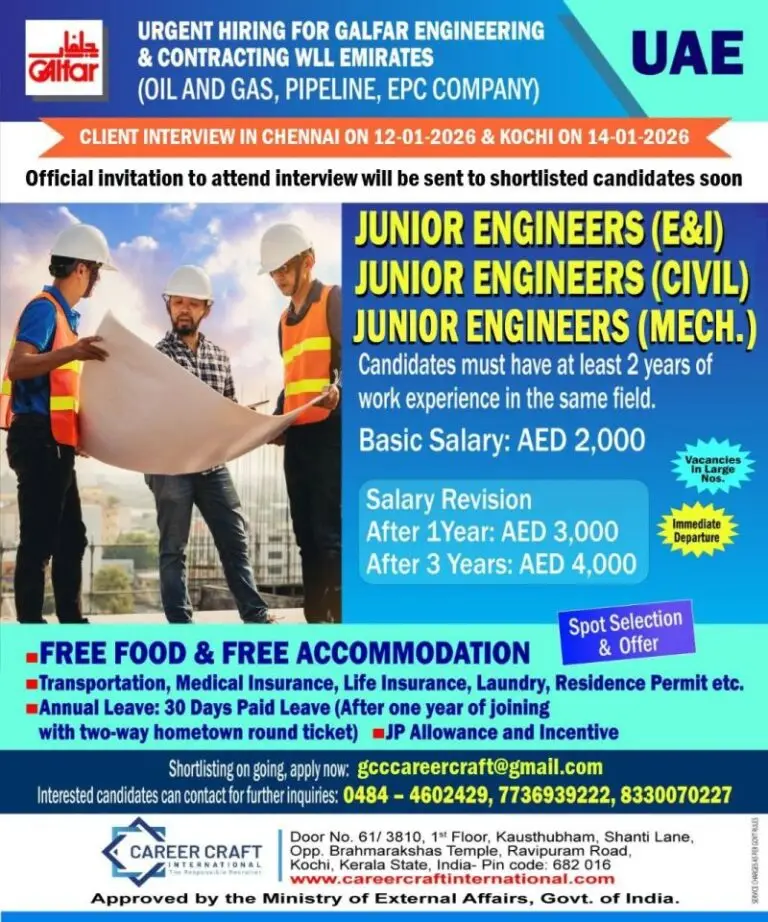 Urgent Junior Engineer Jobs In UAE 2026