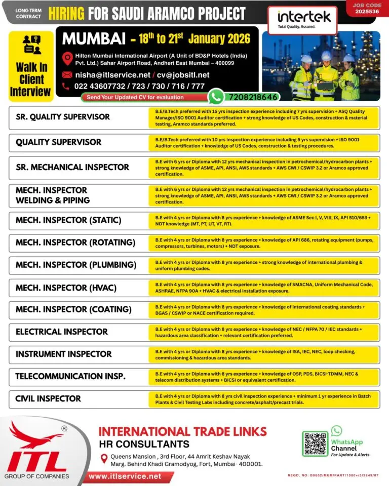 URGENT LONG-TERM CONTRACT ROLES: SAUDI ARAMCO PROJECT – SAUDI ARABIA