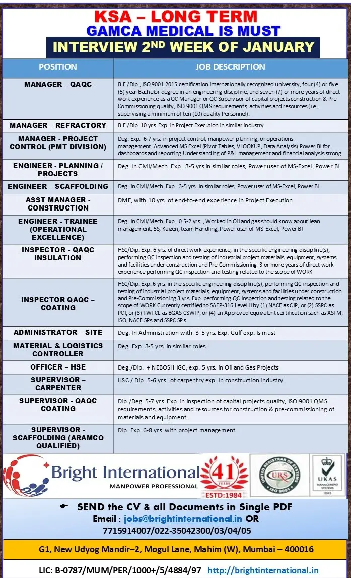 URGENT LONG-TERM - JOBS IN SAUDI ARABIA